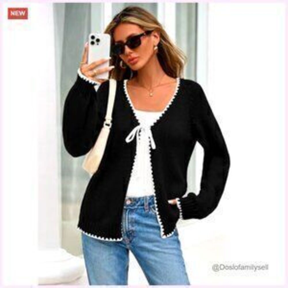 Long Sleeve Open Front Tie Cardigan, Puff Sleeve, Cable Knit, Lightweight - Picture 3 of 5